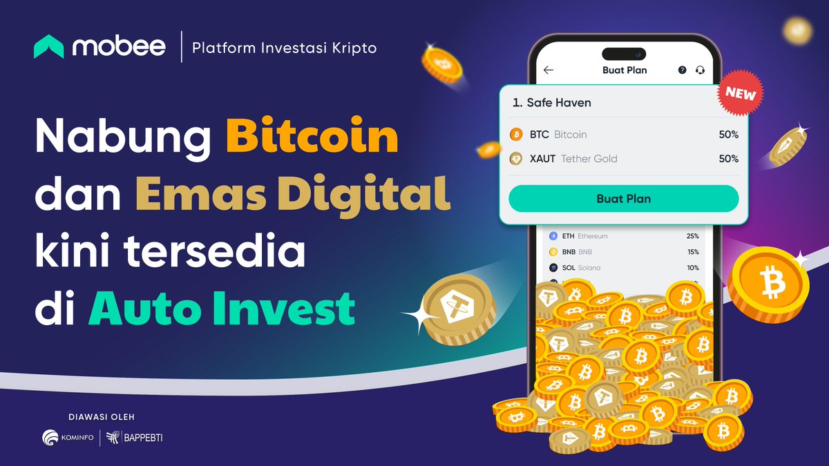 mobee_id's tweet photo. Mau investasi aman di tengah market yang fluktuatif?
Cobain Auto Invest Plan Safe Haven dari Mobee!
Bikin rutinitas nabung Bitcoin & Digital Gold (XAUT), lebih mudah dan makin konsisten 🚀🚀
#Mobee #AutoInvest #Bitcoin #DigitalGold #SafeHaven #InvestasiKripto #NaikLeveldiMobee
