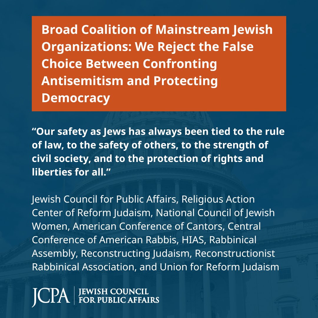 theJCPA's tweet image. NEW: We’ve brought together a broad coalition of organizations representing mainstream American Jewry, condemning the exploitation of our community’s real concerns about antisemitism to undermine democratic norms and rights and our academic institutions. jewishpublicaffairs.org/press-release/…
