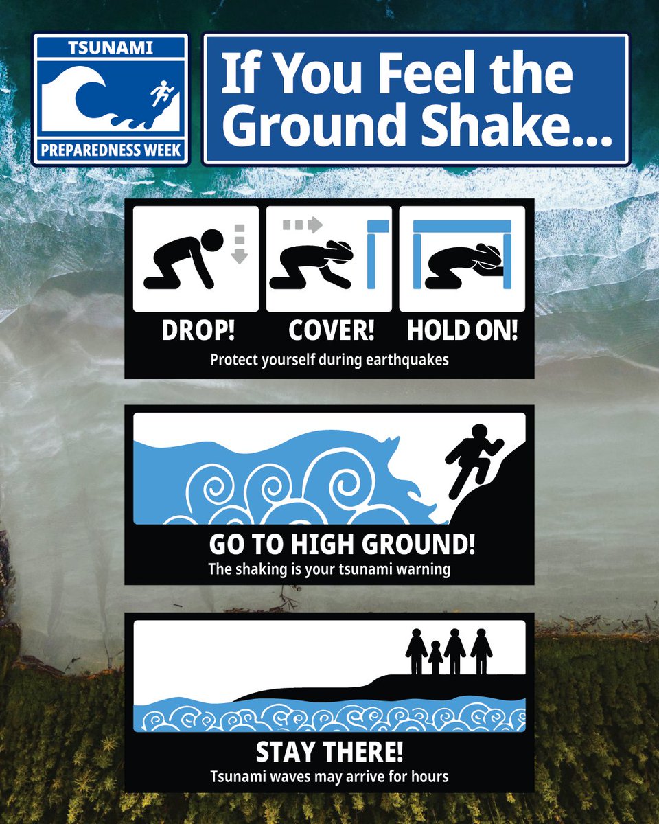 Coastal areas of #BC are at risk of tsunamis. If you’re near the coast and feel shaking:

• Drop to the ground
• Cover your head with your arms and bend over 
• Hold On until the shaking stops
• IMMEDIATELY go to high ground and stay there 

PreparedBC.ca/tsunami #BCTsunami