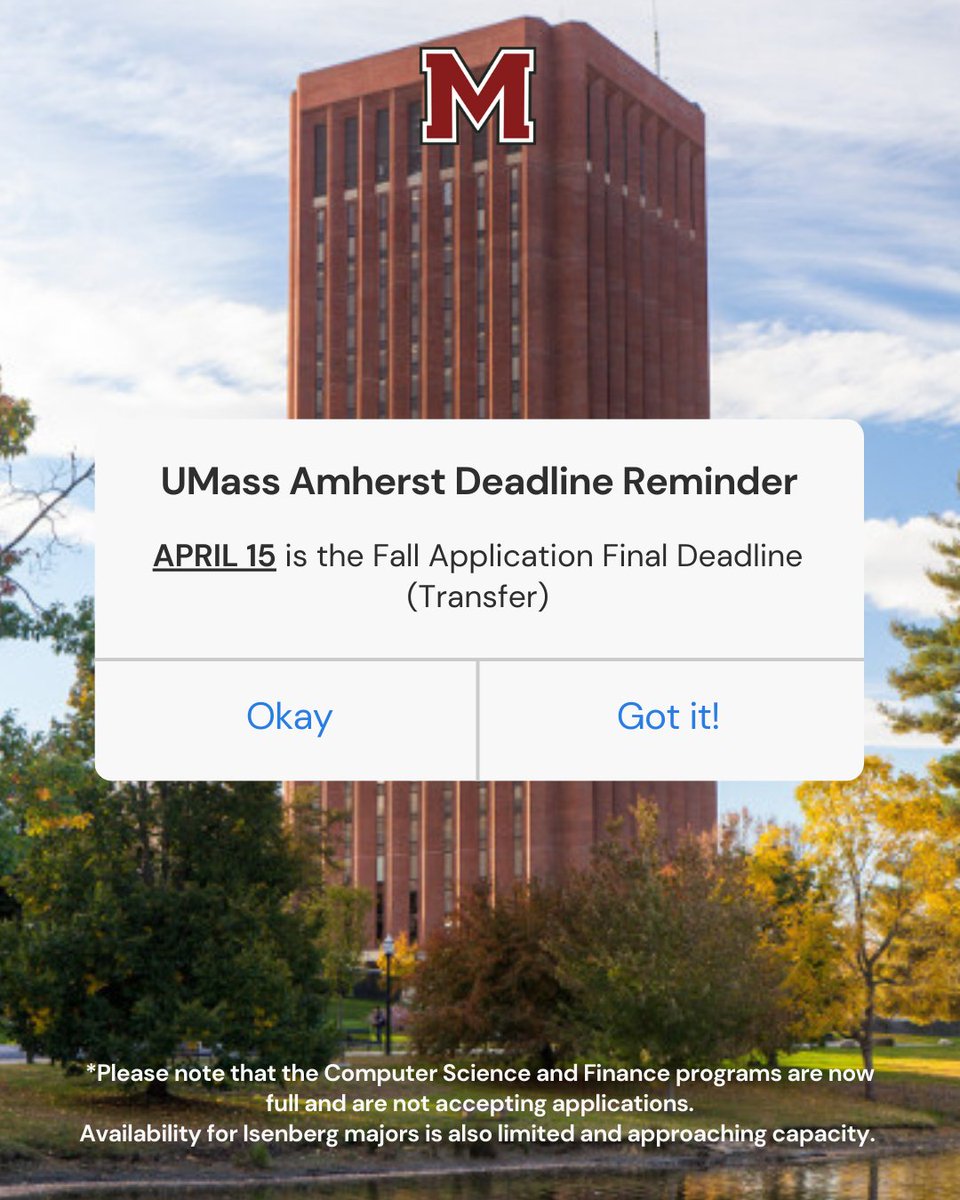 UMass Undergraduate Admissions (@umassadmissions) on Twitter photo ❗Important <a href="/UMassAmherst/">UMass Amherst</a> Transfer Deadline Reminder❗
The Fall Application Final Deadline for Transfer Students is TODAY, April 15!
**Please note that Computer Science and Finance are now full. Availability for Isenberg majors is also limited and approaching capacity. ❗Important <a href="/UMassAmherst/">UMass Amherst</a> Transfer Deadline Reminder❗
The Fall Application Final Deadline for Transfer Students is TODAY, April 15!
**Please note that Computer Science and Finance are now full. Availability for Isenberg majors is also limited and approaching capacity.