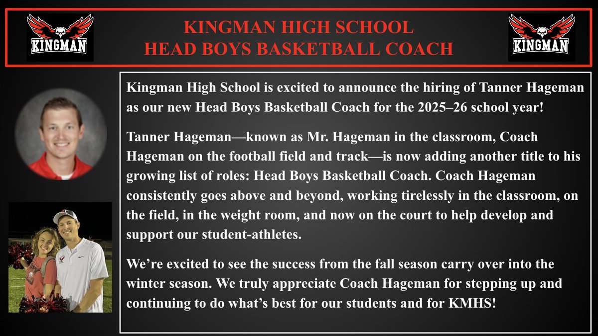 KMHS is excited to announce Coach Hageman as our new HS Head Boys Basketball Coach.