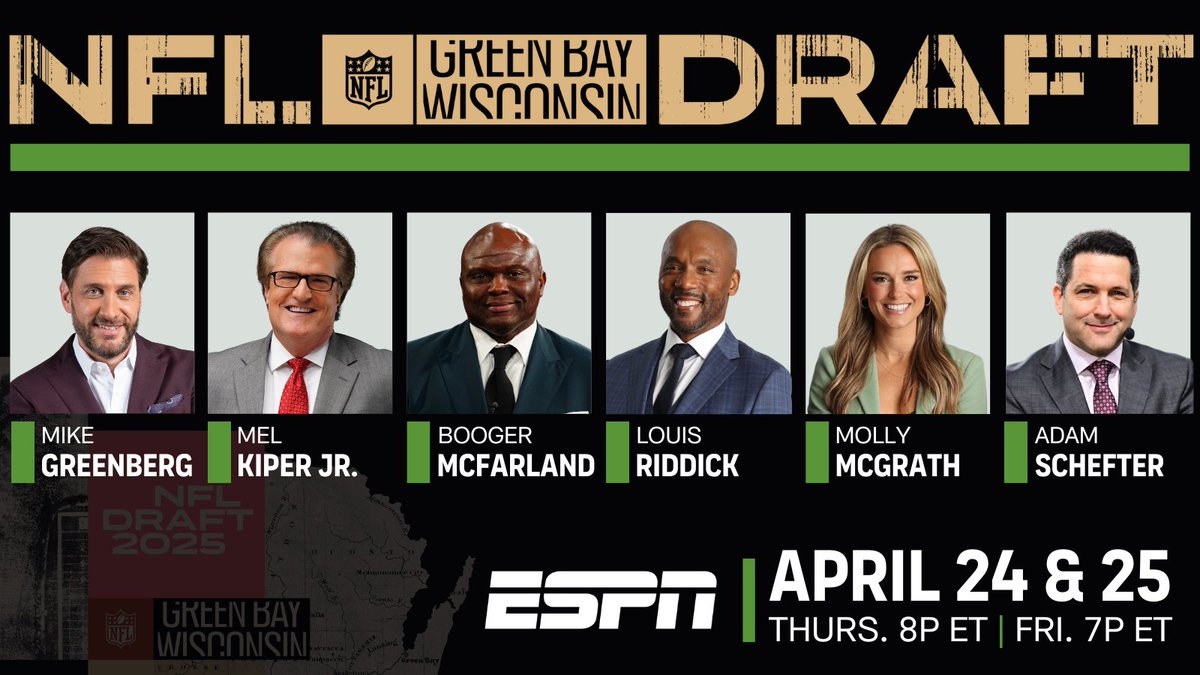 ESPN PR (@espnpr) on Twitter photo Meet the commentator team for ESPN's presentation of the 2025 #NFLDraft on April 24 & 25
๐๏ธ <a href="/Espngreeny/">Mike Greenberg</a>
๐๏ธ <a href="/MelKiperESPN/">Mel Kiper Jr.</a>
๐๏ธ <a href="/ESPNBooger/">Booger</a>
๐๏ธ <a href="/LRiddickESPN/">Louis Riddick</a>
๐๏ธ <a href="/MollyAMcGrath/">Molly McGrath</a>
๐๏ธ <a href="/AdamSchefter/">Adam Schefter</a>
More: bit.ly/4lwpt1T Meet the commentator team for ESPN's presentation of the 2025 #NFLDraft on April 24 & 25
๐๏ธ <a href="/Espngreeny/">Mike Greenberg</a>
๐๏ธ <a href="/MelKiperESPN/">Mel Kiper Jr.</a>
๐๏ธ <a href="/ESPNBooger/">Booger</a>
๐๏ธ <a href="/LRiddickESPN/">Louis Riddick</a>
๐๏ธ <a href="/MollyAMcGrath/">Molly McGrath</a>
๐๏ธ <a href="/AdamSchefter/">Adam Schefter</a>
More: bit.ly/4lwpt1T