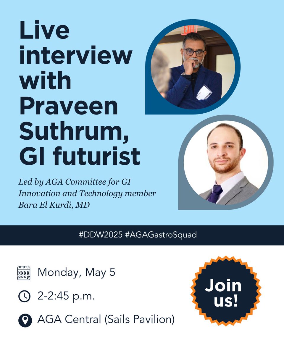 American Gastroenterological Association (AGA) (@amergastroassn) on Twitter photo What does the future of GI hold and what’s AI’s 🤖 role? 🤔 Find out during GI futurist Praveen <a href="/suthrum/">Praveen Suthrum</a>’s live interview 🎙️ with Dr. Bara El Kurdi at #DDW2025. More details ➡️ ow.ly/NmOu50VAn8N.
📅 Monday, May 5, 2 p.m.
📍 AGA Central (Sails Pavilion) What does the future of GI hold and what’s AI’s 🤖 role? 🤔 Find out during GI futurist Praveen <a href="/suthrum/">Praveen Suthrum</a>’s live interview 🎙️ with Dr. Bara El Kurdi at #DDW2025. More details ➡️ ow.ly/NmOu50VAn8N.
📅 Monday, May 5, 2 p.m.
📍 AGA Central (Sails Pavilion)
