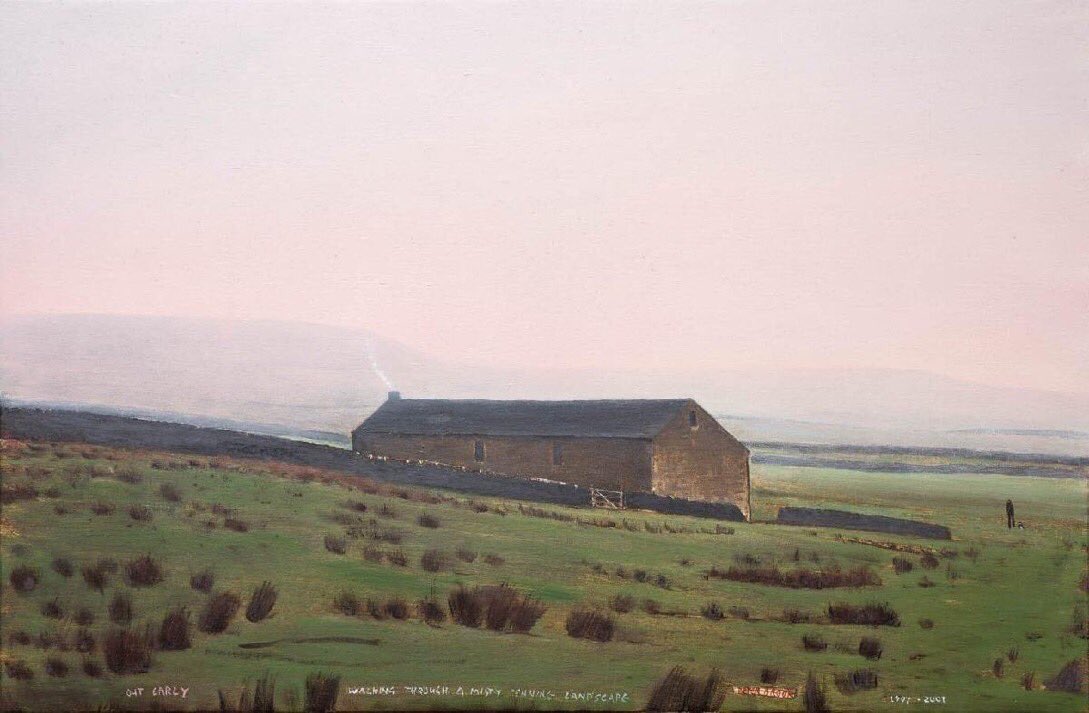 Much of Peter Brook’s work focusses on the light at either end of the day. In ‘Out Early - Walking through a Misty Pennine Landscape’ the sun struggles to break through, turning the sky a dusky pink, interrupted only by the tiny whisp of white smoke from the farmhouse chimney.