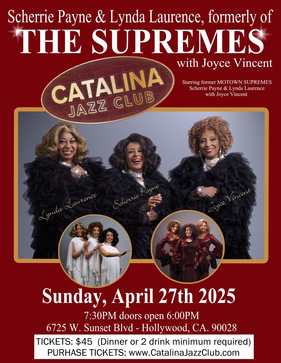Former Supremes (@formersupremes) on Twitter photo #ScherriePayne #LyndaLaurence formerly of #TheSupremes with #JoyceVincent #FormerLadiesOfTheSupremes at the <a href="/CatJazzClub/">Catalina Jazz Club - Hollywood</a> in #Hollywood Sunday, April 27th 2025 7:30PM - former #Motown #Supremes #SupremeGlamour #Motownlegends #CatalinaJazzClub #Supreme
formersupremes.com/1/post/2025/04… #ScherriePayne #LyndaLaurence formerly of #TheSupremes with #JoyceVincent #FormerLadiesOfTheSupremes at the <a href="/CatJazzClub/">Catalina Jazz Club - Hollywood</a> in #Hollywood Sunday, April 27th 2025 7:30PM - former #Motown #Supremes #SupremeGlamour #Motownlegends #CatalinaJazzClub #Supreme
formersupremes.com/1/post/2025/04…