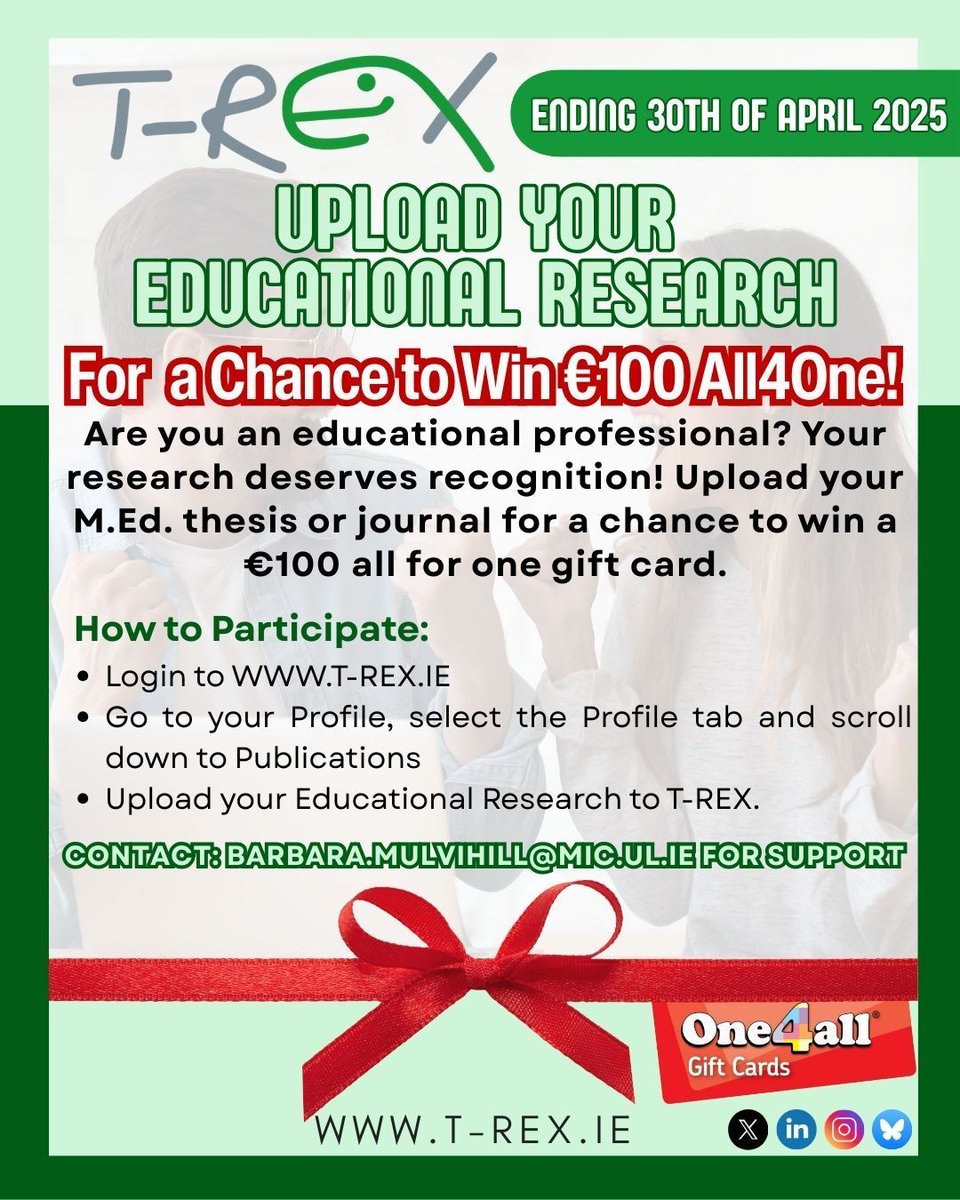 T-REX (@educationtrex) on Twitter photo 📢 Let’s grow together! Upload your educational research to T-REX.ie and be part of a thriving education research community! Bonus: Enter to win €100 All4One!
🚀Deadline: April 30, 2025.
📩 Need help? bit.ly/4hVGorU or email barbara.mulvihill@mic.ul.ie 📢 Let’s grow together! Upload your educational research to T-REX.ie and be part of a thriving education research community! Bonus: Enter to win €100 All4One!
🚀Deadline: April 30, 2025.
📩 Need help? bit.ly/4hVGorU or email barbara.mulvihill@mic.ul.ie