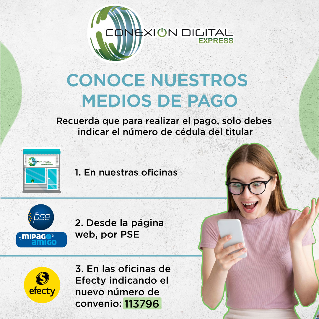 ¡Nuestros medios de pago! 📌
1. Nuestras Oficinas
2. PSE
3. Oficinas Efecty
📢Recuerda que actualizamos nuestro número de convenio con Efecty para realizar tus pagos
✉113796
#Mediosdepago #ConexionDigital #Oficinas #Nuevoconvenio #Telecomunicaciones #Servicios