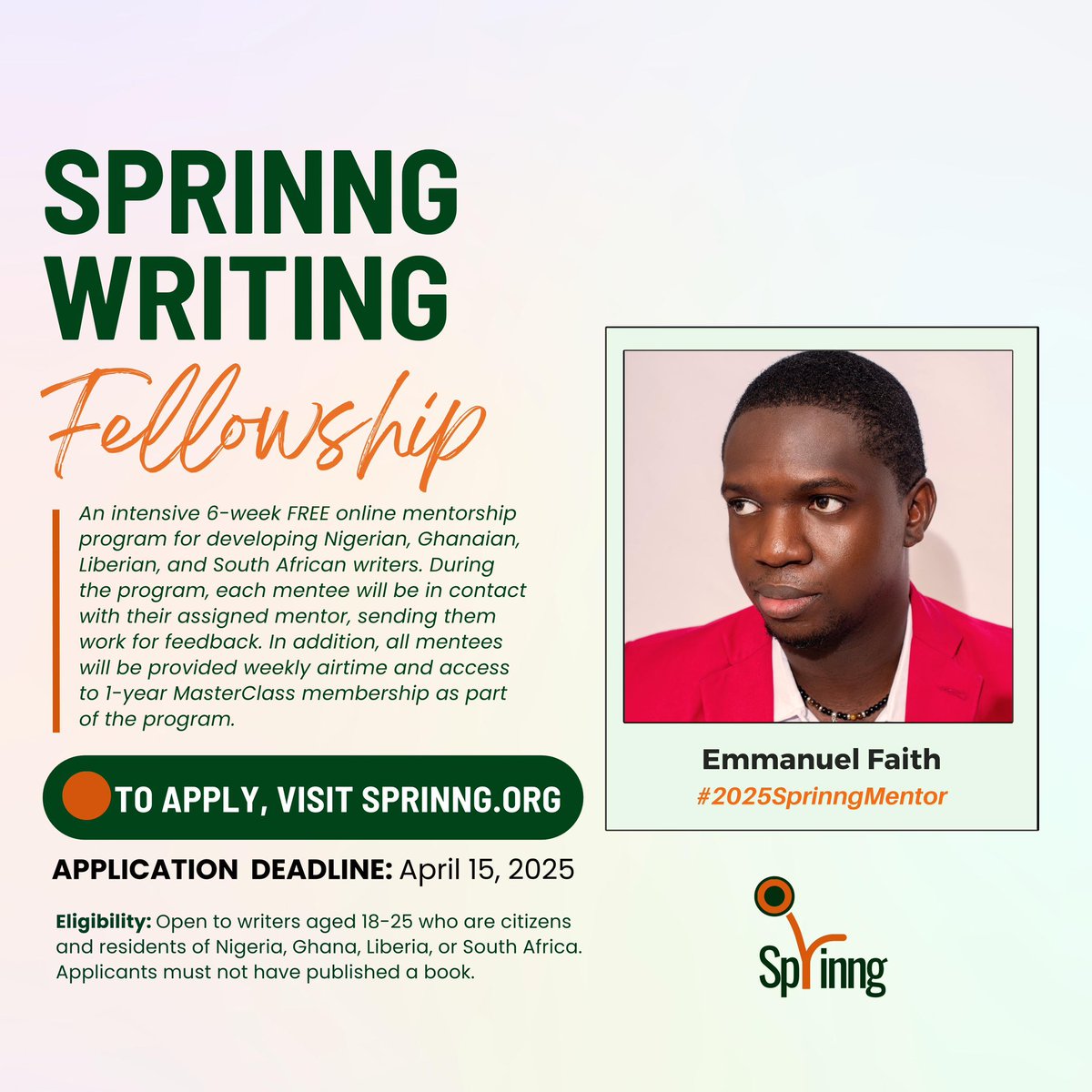 Super-delighted to announce that I’d be mentoring at <a href="/SprinngLM/">Sprinng</a> writing fellowship for the sixth year in a row .

If you like last-minute Adrenalin-ladened application like me, then you can apply below 👇 

sprinng.org