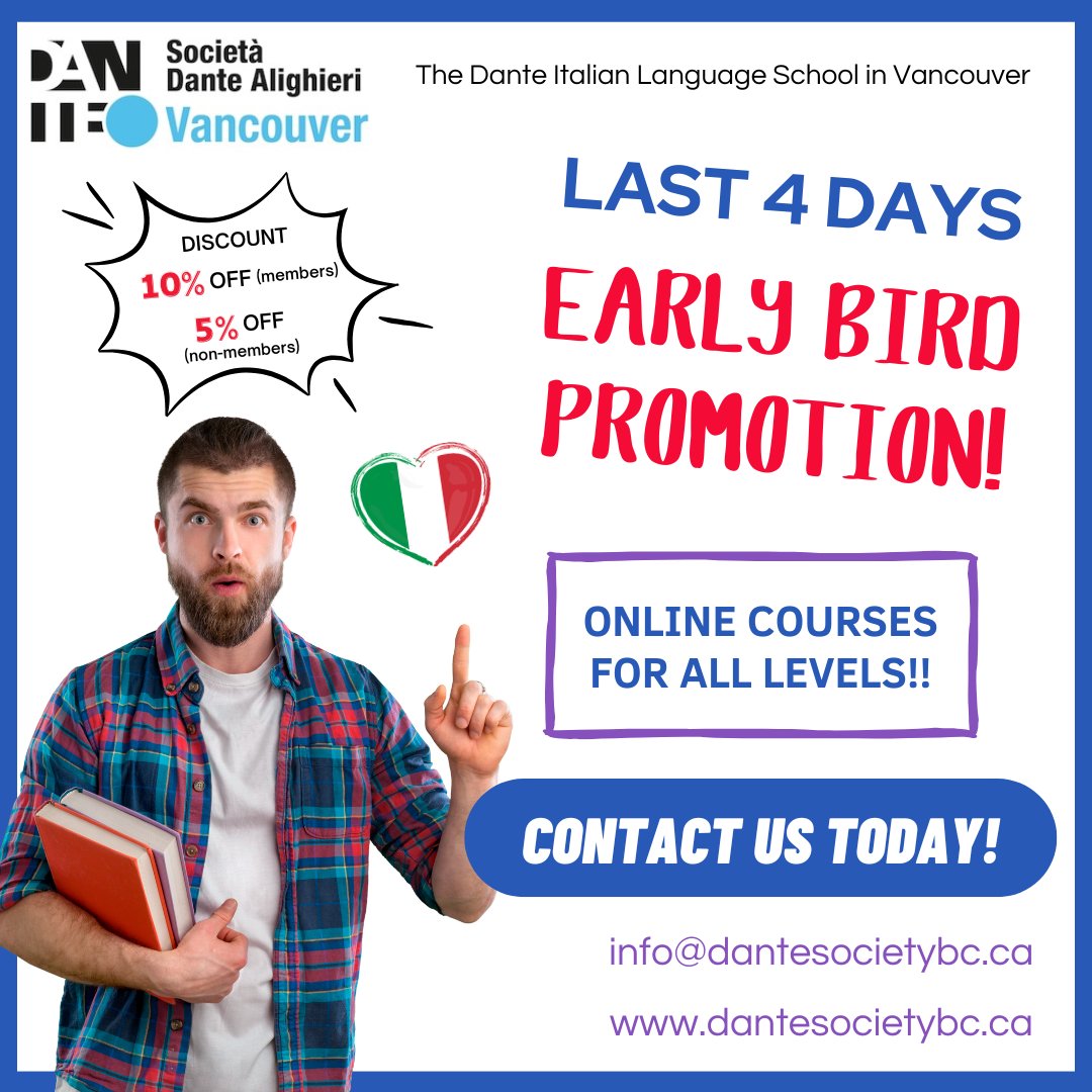 🇮🇹 Ciao Amici! 🇮🇹

There's still time to join our online Italian courses

✨ 10% OFF for members
✨ 5% OFF for non-members

Don't miss out—offer ends this Friday!

📩 Register now: info@dantesociety.ca
🌐 Learn more: dantesocietybc.ca

Let’s learn Italian together!!!!❤️