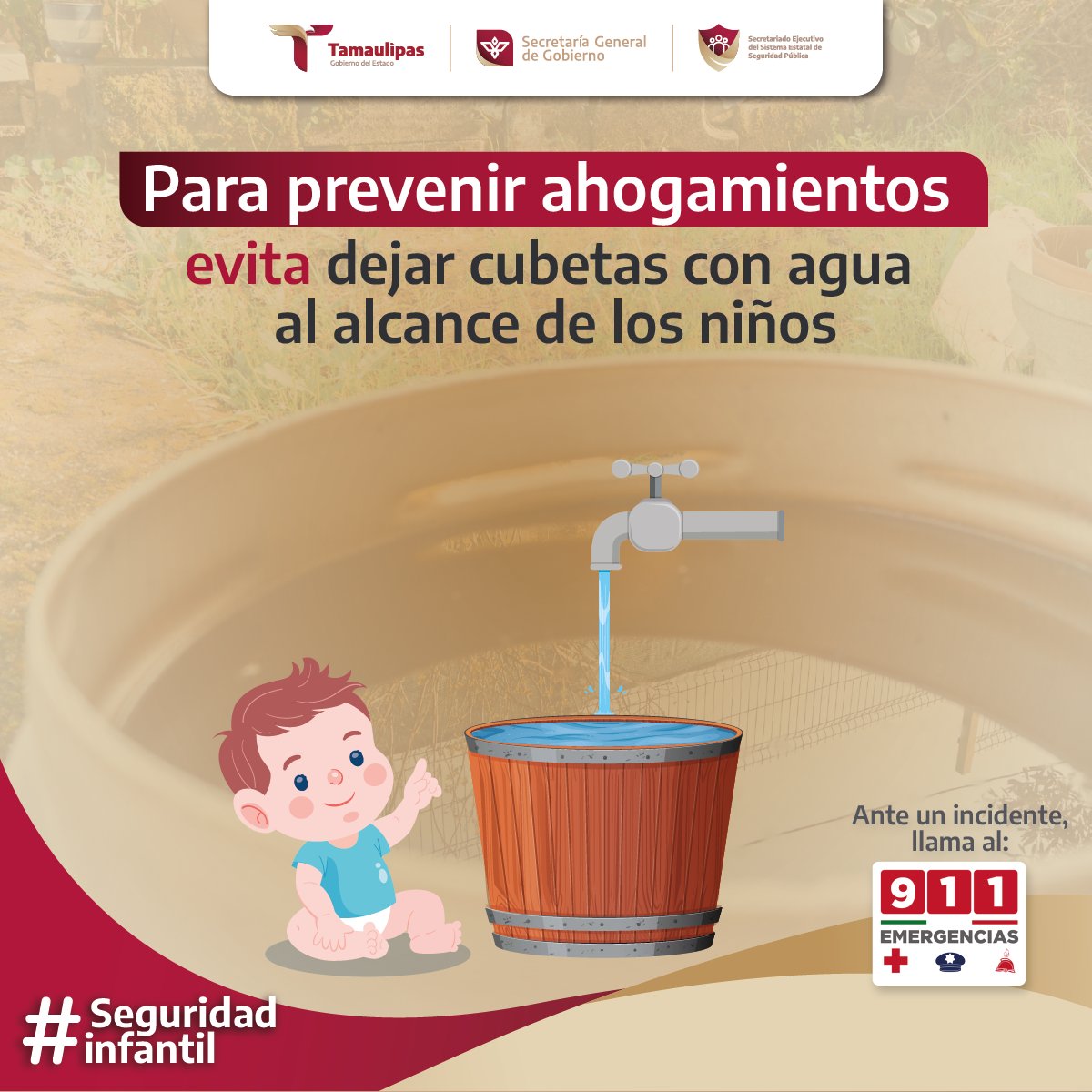 #SeguridadInfantil

Mantén cubetas, tinas o recipientes con agua fuera del alcance de los pequeños.👶

¡Su seguridad está en tus manos!

Ante un incidente llama a la Línea de Emergencias 9-1-1.📞