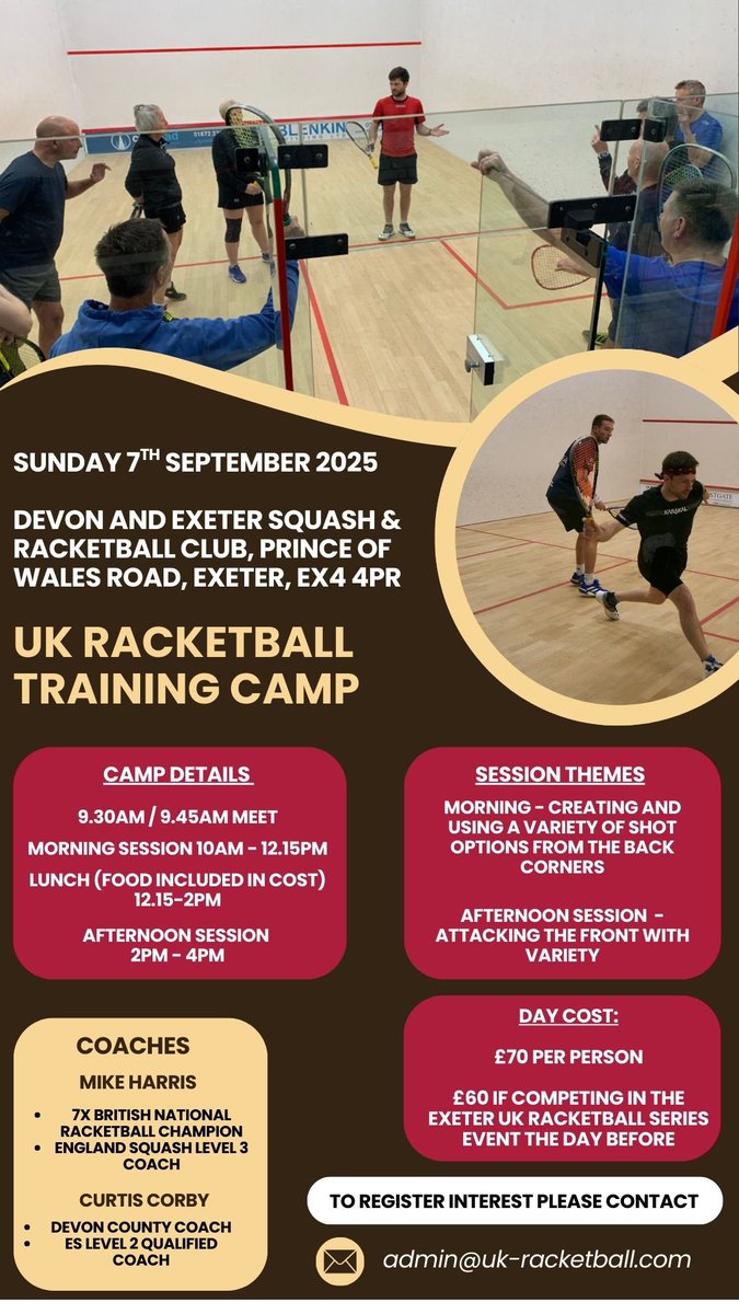 Looking forward to doing another <a href="/UK_Racketball/">UK-Racketball</a> Camp day at <a href="/devonandexeter/">Devon & Exeter SRC</a> in September!
Now open for sign ups, 14 spaces only so don’t miss out!
<a href="/karakaluk/">Karakal.com</a>