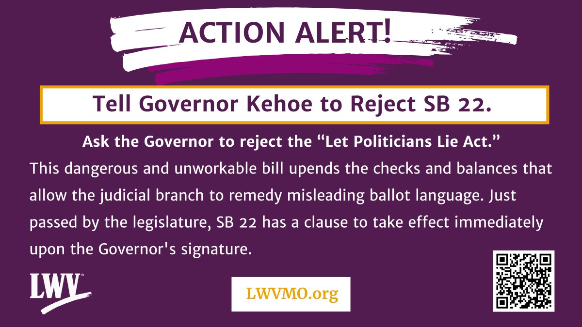 Please send a message to Governor Kehoe to REJECT SB 22. Call his office at 573-751-3222 or submit a message at governor.mo.gov/contact-us/mo-….