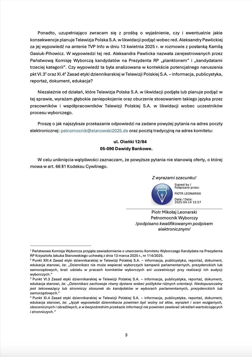 List Komitetu Wyborczego Krzysztofa Jakuba Stanowskiego do Tomasza Syguta, dyrektora generalnego TVP S.A. w likwidacji.
