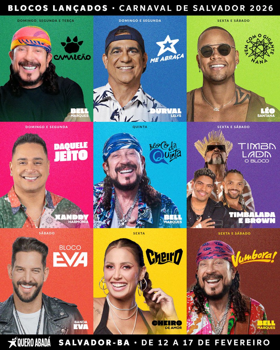 queroabada's tweet image. Os melhores blocos do Carnaval de Salvador você encontra aqui no Quero Abadá!

Confira a lista atualizada de blocos lançados em nosso site e já garanta logo seu abadá!

queroabada.com.br/comprar-abada-…

#CarnavaldeSalvador #Carnaval2026 #Blocos #QueroAbadá