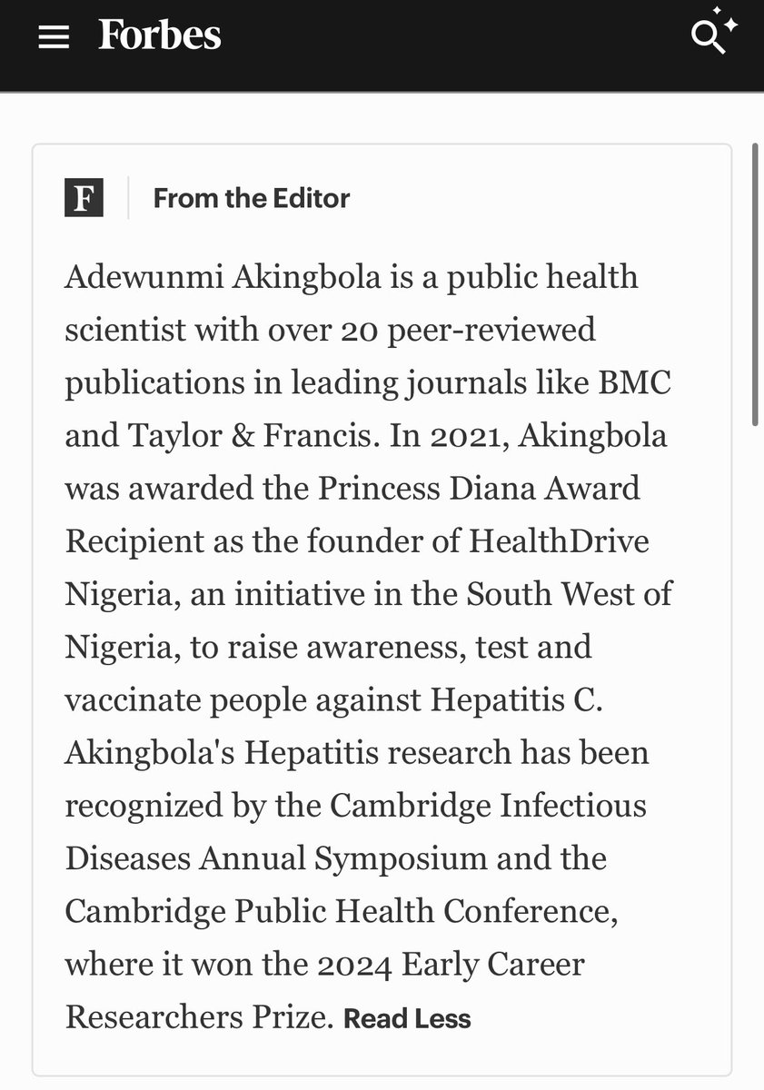 Adewunmi (MD, MPhil) (@kingtesla11) on Twitter photo Excited to have been listed in the <a href="/Forbes/">Forbes</a> <a href="/ForbesEurope/">Forbes Europe</a> 30 Under 30 Europe 2025 List based on our works <a href="/HealthdriveNg/">HealthDrive Nigeria</a> and my research at the University of Cambridge <a href="/Cambridge_Uni/">Cambridge University</a> .
All glory to Jesus. Excited to have been listed in the <a href="/Forbes/">Forbes</a> <a href="/ForbesEurope/">Forbes Europe</a> 30 Under 30 Europe 2025 List based on our works <a href="/HealthdriveNg/">HealthDrive Nigeria</a> and my research at the University of Cambridge <a href="/Cambridge_Uni/">Cambridge University</a> .
All glory to Jesus.