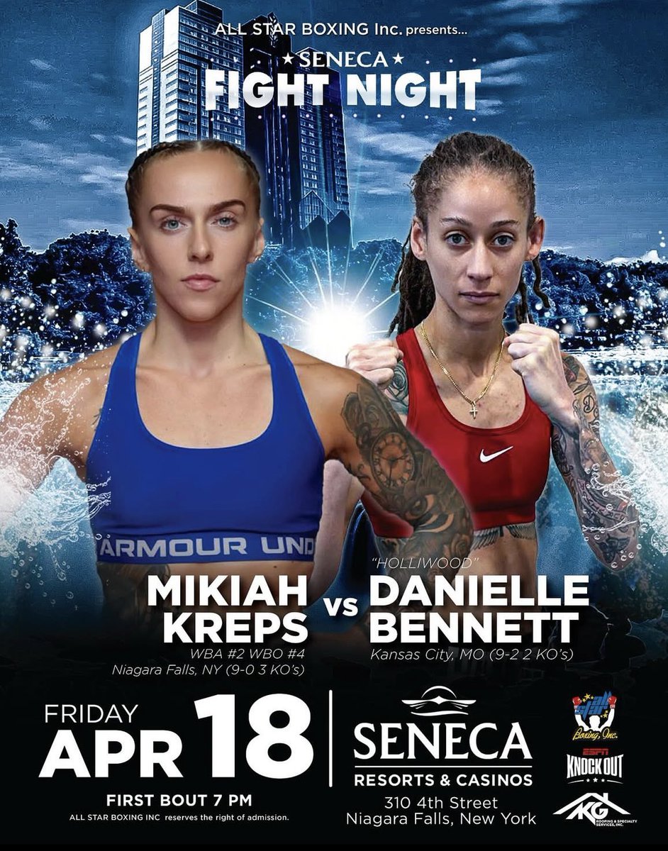 It's #FightWeek for undefeated super bantamweight Mikiah Kreps 👊🏼

She'll take on Danielle Bennett in a 10rd battle in her hometown of #NiagaraFalls 📍

Let's go, <a href="/mikiahkreps/">Mikiah Kreps</a> ‼️