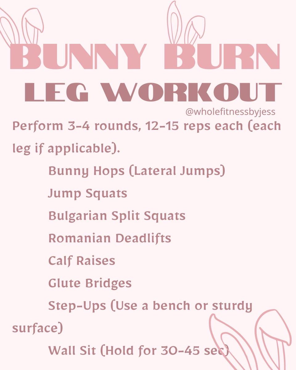 WFitnessbyJess's tweet image. Hop into leg day like the Easter Bunny! 🐰🔥 Try this Bunny Burn Leg Workout for strong, explosive legs. 3-4 rounds of these moves and you’ll be bouncing all day! Tag me when you’re done. 💪 #BunnyBurn #LegDay #EasterWorkout