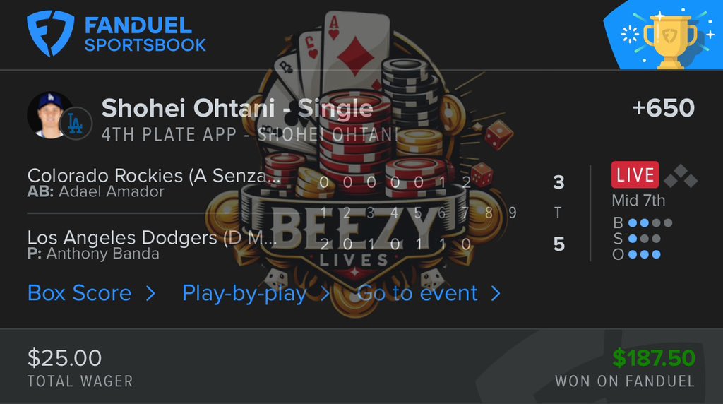 BeezyLives ๐๐จ (@beezylives) on Twitter photo Caught a few live plays last night. Not a bad way to start off the week! Make sure to follow <a href="/BeezyLives/">BeezyLives ๐๐จ</a> for his next plays!!! The guy is going nuts right now!! #mlb #GamblingCommunity #GamblingX #GamblingTwitter #sports #SportsGambling #SportsBettingX #fanduel #viral #share Caught a few live plays last night. Not a bad way to start off the week! Make sure to follow <a href="/BeezyLives/">BeezyLives ๐๐จ</a> for his next plays!!! The guy is going nuts right now!! #mlb #GamblingCommunity #GamblingX #GamblingTwitter #sports #SportsGambling #SportsBettingX #fanduel #viral #share