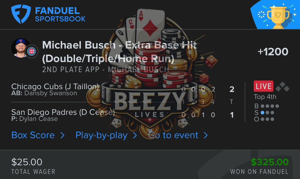 BeezyLives's tweet photo. Caught a few live plays last night. Not a bad way to start off the week! Make sure to follow @BeezyLives for his next plays!!! The guy is going nuts right now!!  #mlb #GamblingCommunity #GamblingX #GamblingTwitter #sports #SportsGambling #SportsBettingX #fanduel #viral #share #fyp #ParlayPlay