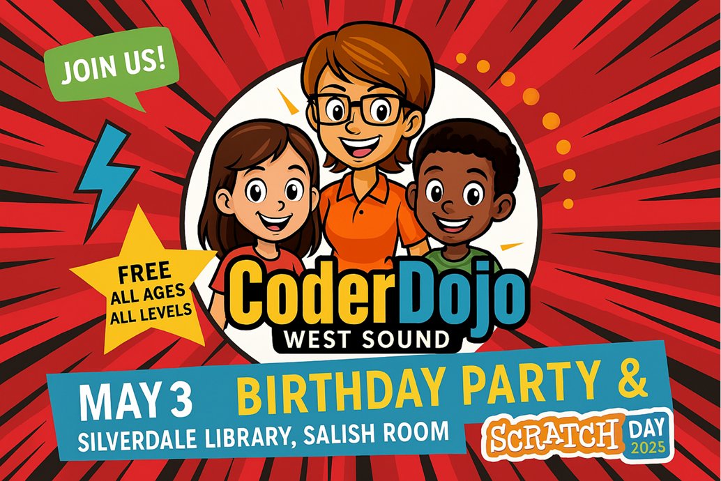 WSoundCoderDojo's tweet image. May 3 | Scratch Day 2025 and Our 10th Birthday Celebration!😻🎂🥳 - Snacks, fun, giveaways🧁🍿mailchi.mp/e4dfaa45e974/f…