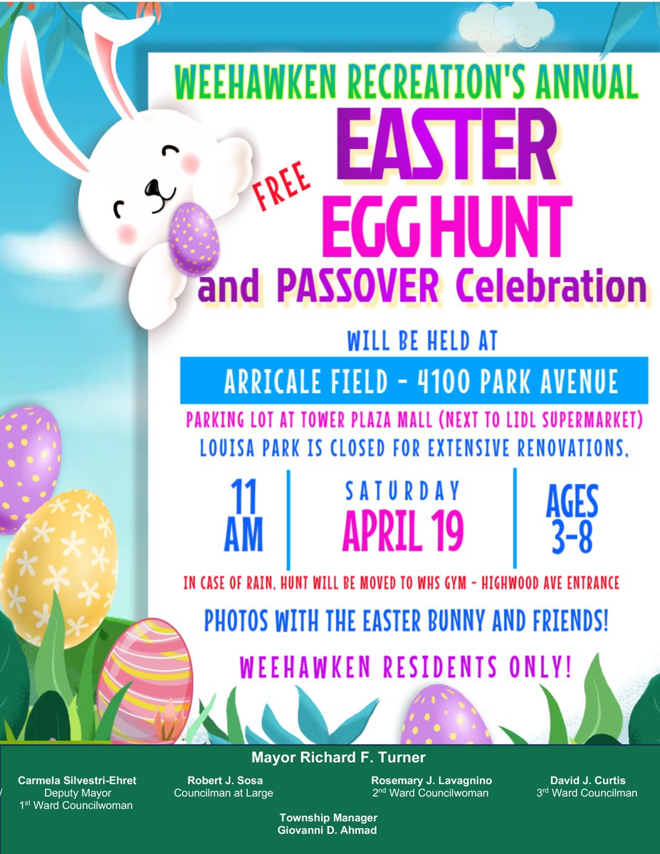 Join Weehawken Recreation's Annual Easter Egg Hunt and Passover Celebration this Saturday at 11 am at Arricale Field for Weehawken Residents Ages 3-8!