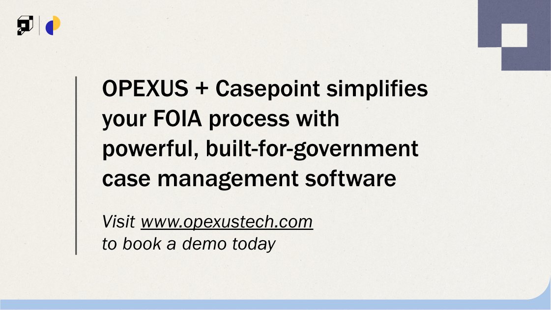 OPEXUS (@opexustech) on Twitter photo FOIA request volumes remained high from Q3 2024 to Q1 2025—and FOIA teams kept rising to the challenge. We’re taking a closer look at what’s driving the trends. Stay tuned for more insights.
#FOIA #DataTransparency #QuarterlyTrends #GovTech #OpenData FOIA request volumes remained high from Q3 2024 to Q1 2025—and FOIA teams kept rising to the challenge. We’re taking a closer look at what’s driving the trends. Stay tuned for more insights.
#FOIA #DataTransparency #QuarterlyTrends #GovTech #OpenData