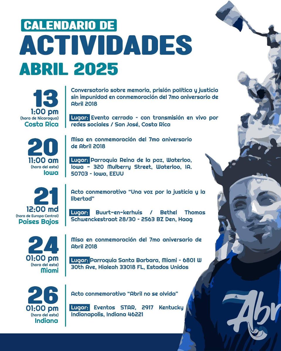 Abril_2018's tweet photo. 7 años desde que Nicaragua dijo ¡Basta ya!
Este abril conmemoramos con fuerza, memoria y unidad✊🏼💙🇳🇮

📍Aquí el Calendario de Actividades por el 7mo aniversario de Abril 2018

¡Compartilo y participá desde donde estés!

#AbrilNoSeOlvida #AbrilAzulyBlanco #JóvenesDeAbril https://t.co/6P5xroZ4TM
