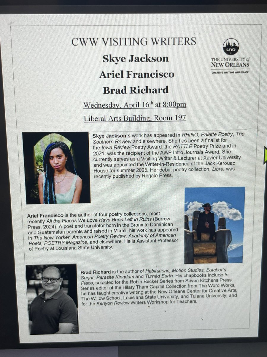 Come to University of New Orleans to hear these power houses read this Wednesday! I will be there. Snacks will be there!