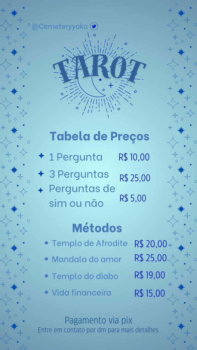 CemeteryYoka's tweet image. 🌀Tarot com preços atualizados!! 🔮
•outros métodos utilizados são negociáveis.
•atendimentos via whatsapp
• mais informações chamar pv
+ Alguns feedbacks recentes 😛