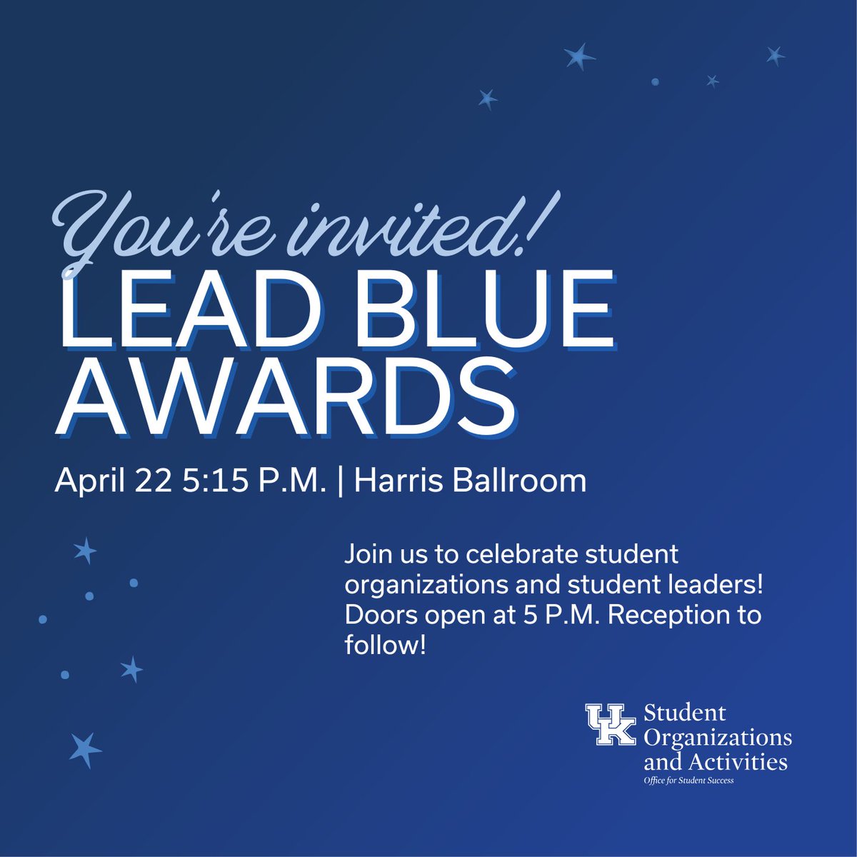 Join the Office of Student Organizations for the 7th Annual Lead Blue: Student Organization Celebration and Award Ceremony! All are invited to celebrate student leaders, student organizations, and advisors for their hard work each year! 🌟