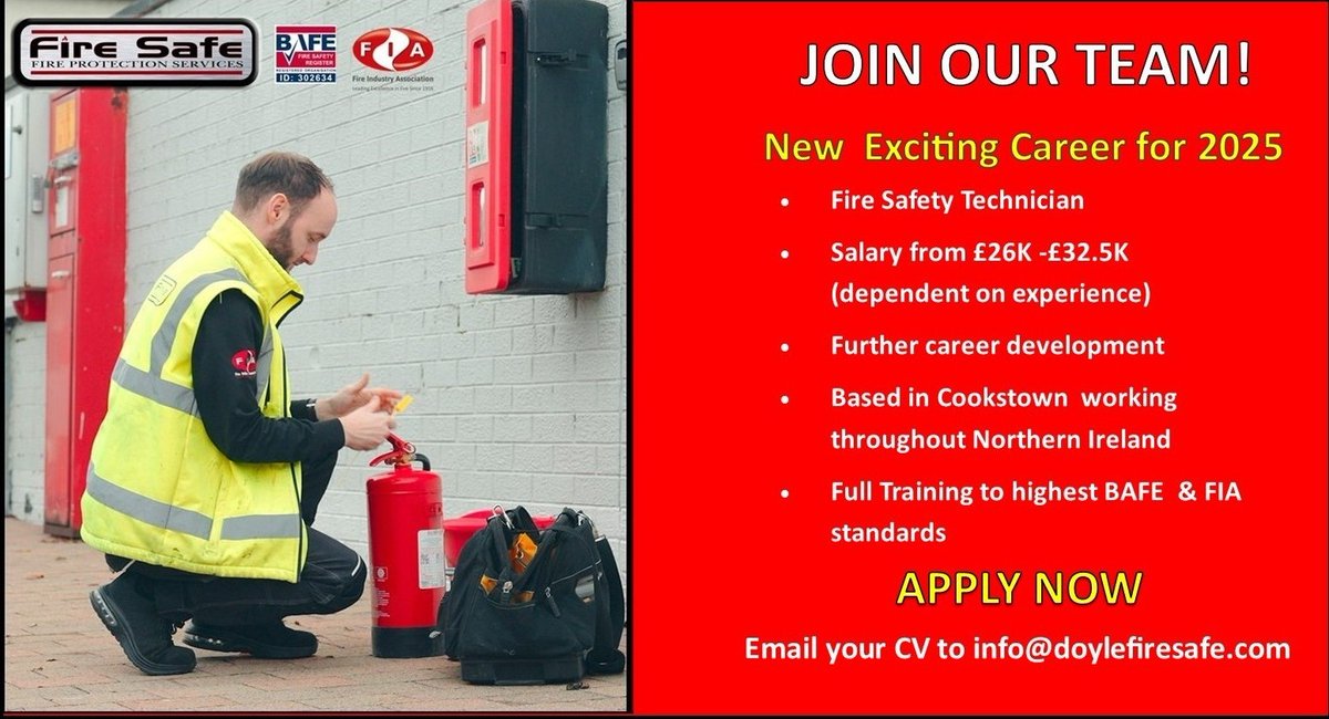 FireSafeIreland's tweet photo. 🔴 Fire Safety Technician

Full-Time Permanent
Mon-Thurs 8am-5pm, Friday 8am-3.30pm
Salary: From £26K-£32.5K (dependent on experience)

Contact the office for full details ☎️02886766995
info@firesafeireland.com 
https://t.co/BlTliiGKjL https://t.co/KJfE3RrYr8