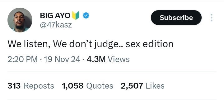“We listen, we don’t judge. Sex edition” 

the replies 💀