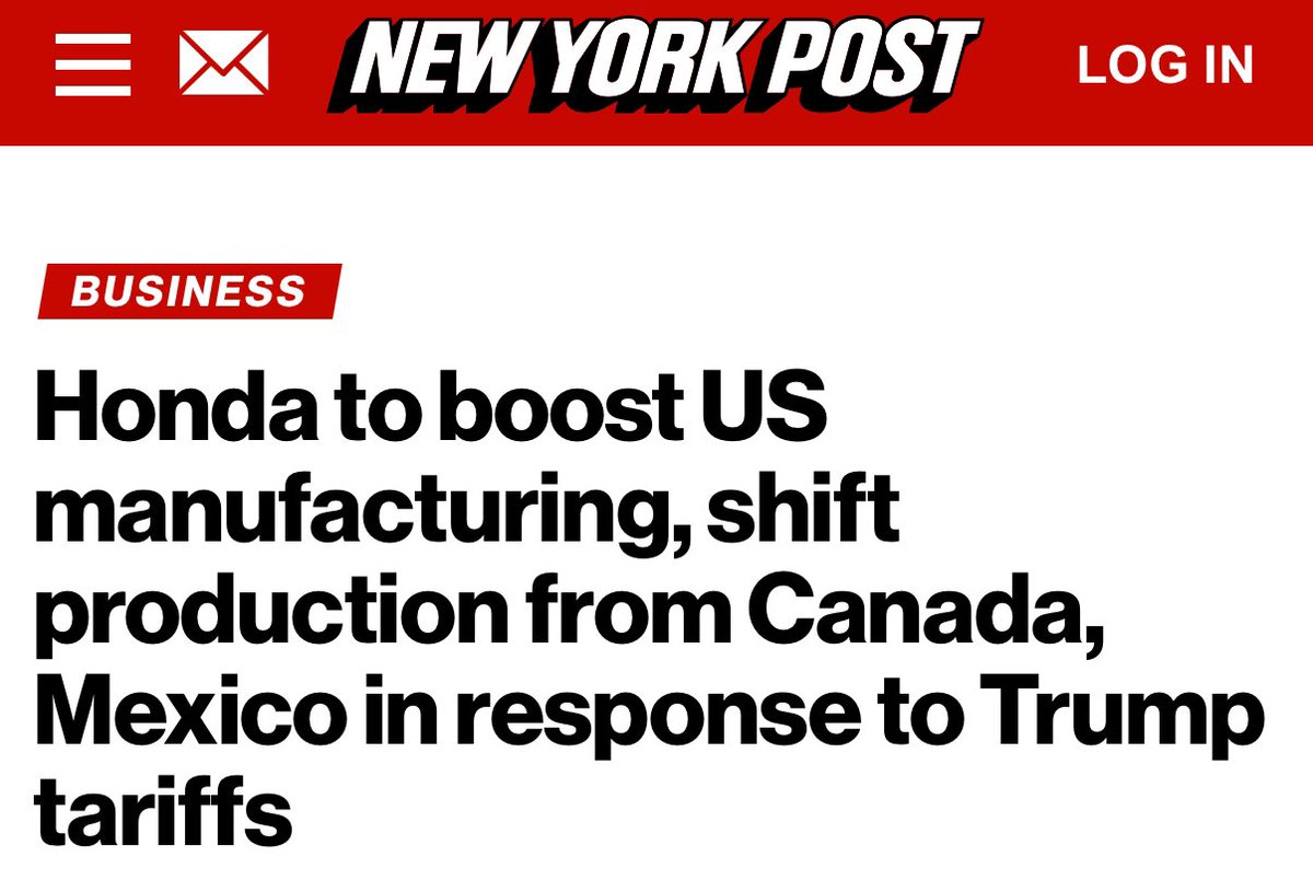 🚨HUGE: Automotive giant Honda to cut production in Canada and Mexico and increase U.S. manufacturing. 

Tariffs work.
