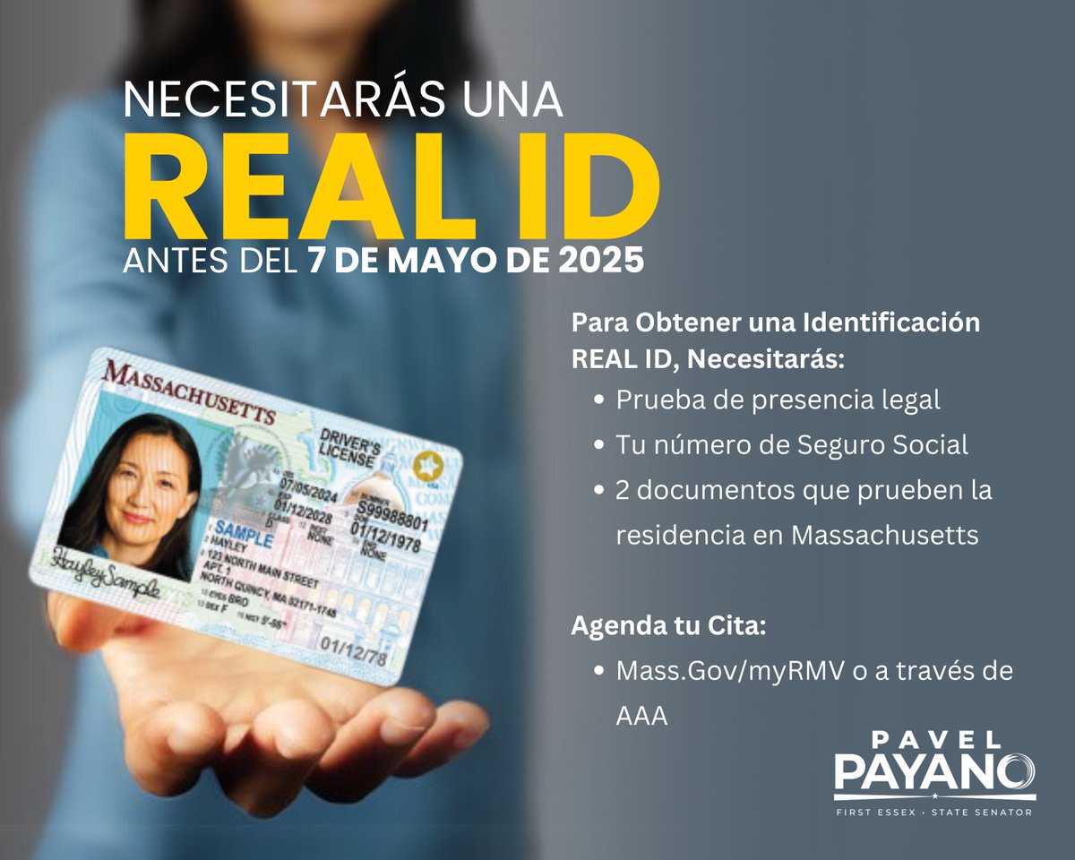 Starting May 7, those who are 18+ must have a REAL ID or valid passport to fly domestically or enter certain federal buildings. Get your REAL ID by scheduling an appointment online or through AAA - ensure to bring proof of lawful presence, your SSN, &amp; 2 docs showing MA residency.