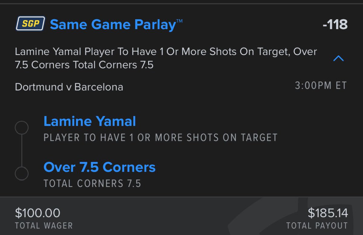 Fredofrr's tweet photo. $100 to $10,000 Day 1

UCL ⭐️ Dortmund vs Barcelona 

Dortmund are a great corner team with 4 goals needed they’ll be on attack mode. Barcelona can also contribute and Yamal will show off today. 

Let me know if you’re tailing, vamosss 👊🏼🍀 https://t.co/tBszwmFlSz