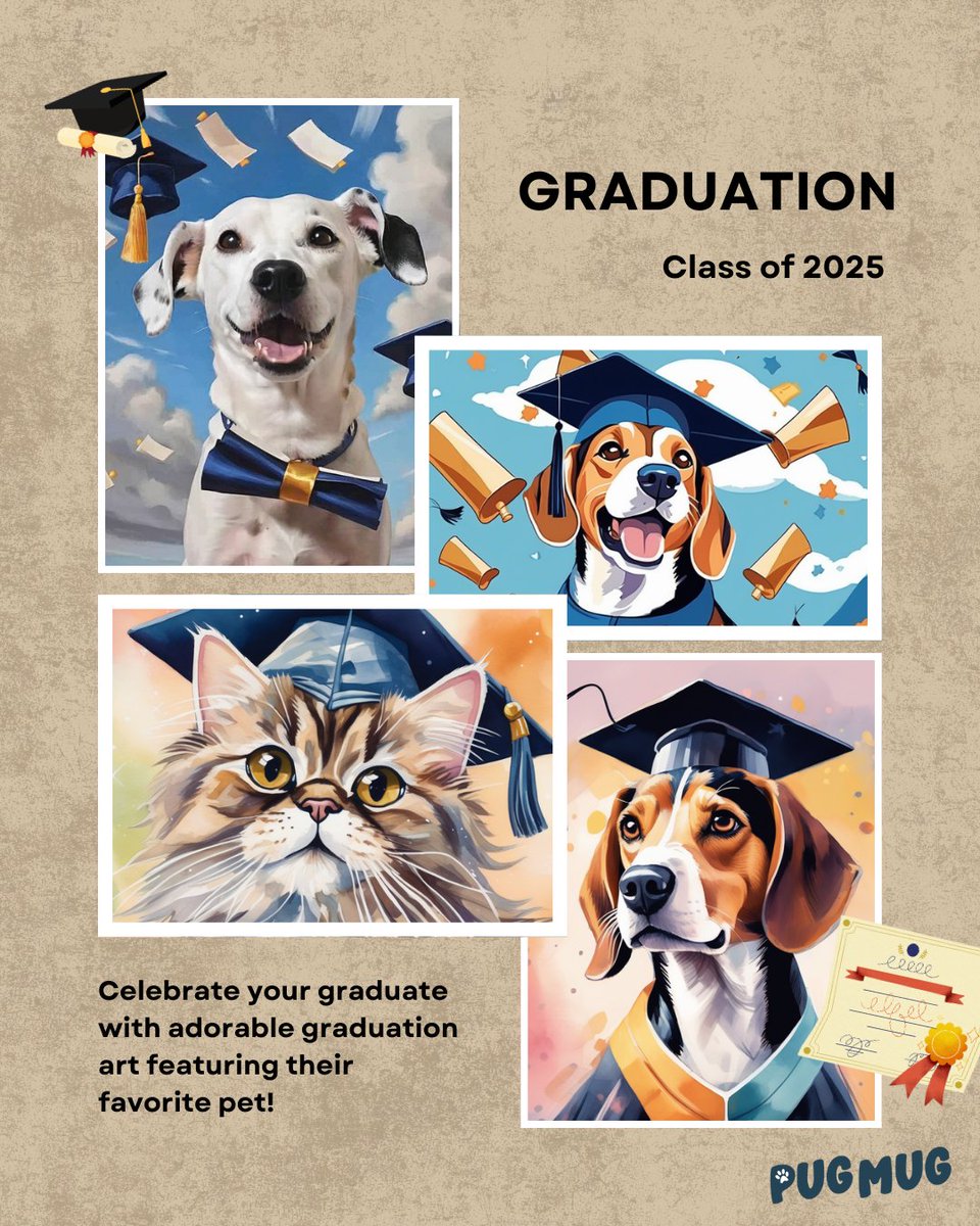 pugmugai's tweet photo. It's almost graduation season! 🎓

Celebrate your Class of 2025 graduate with graduation-themed art of their favorite pet!

Graduation styles available in PugMug's School Days style pack:
https://t.co/yOPJrTPqHA

#pugmugai #graduation #classof2025 #petgraduation https://t.co/cBt14hxVLJ
