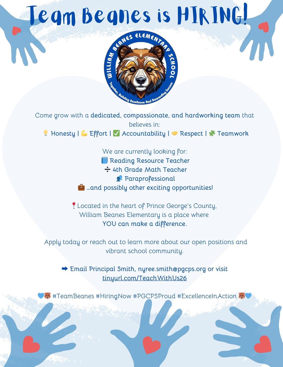 William Beanes ES (@wbeaneses_pgcps) on Twitter photo Team #Beanes is Hiring!!! Looking to make a difference and join an amazing school community? WBES is growing, and we’re looking for passionate, dedicated professionals to join Team Beanes! If you’re ready to inspire, lead, and support, look no further. <a href="/pgcps/">PGCPS</a> <a href="/jerzeeme/">Nyree Smith, Principal</a> #Hiring Team #Beanes is Hiring!!! Looking to make a difference and join an amazing school community? WBES is growing, and we’re looking for passionate, dedicated professionals to join Team Beanes! If you’re ready to inspire, lead, and support, look no further. <a href="/pgcps/">PGCPS</a> <a href="/jerzeeme/">Nyree Smith, Principal</a> #Hiring