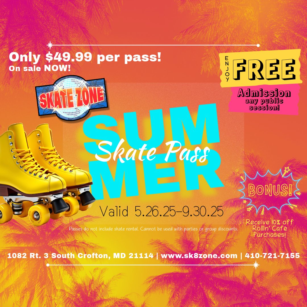 sk8zonemd's tweet image. ☀️ Our Summer Passes are officially ON SALE starting today — and they’re $15 LESS than last year! 🎉🛼

Score unlimited summer fun at an even better price. Don’t wait… these deals won’t roll around again! 💸✨

#SkateZoneCrofton #SummerPassSavings #RollIntoSummer