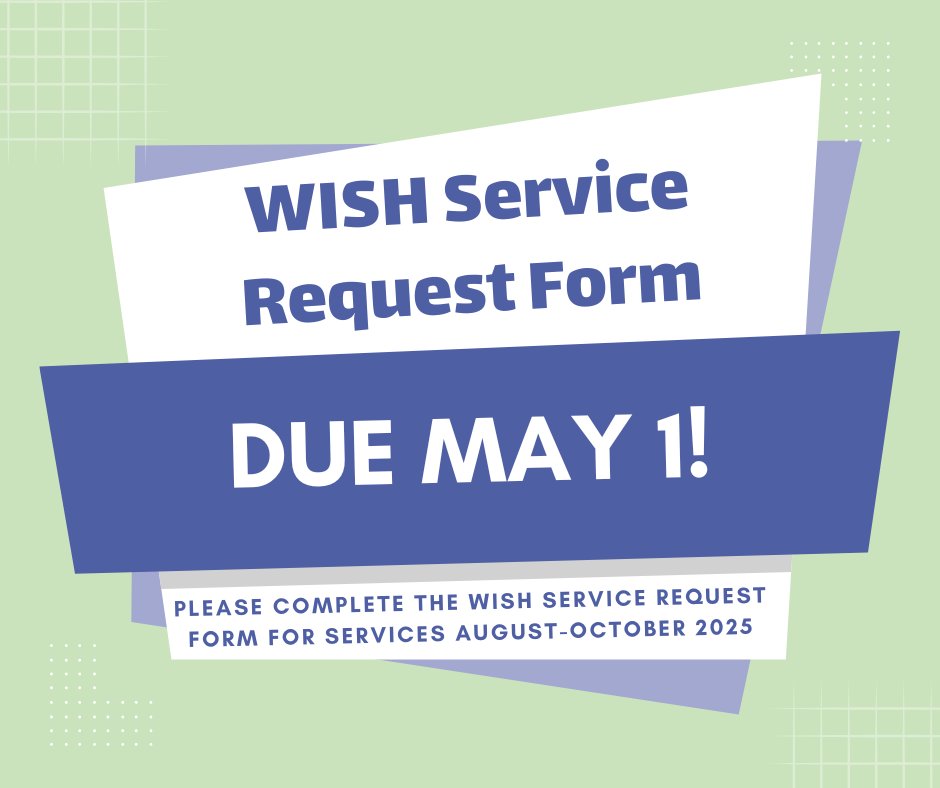 🔔DEADLINE APPROACHING: Submit in-district training requests by MAY 1!🔔

To request in-district training from August- October 2025, complete the WISH Center Service Request form by May 1!
✨Request Form: forms.gle/ZpDjkrcS8P5m5Q…

#wisconsineducators #professionaldevelopment