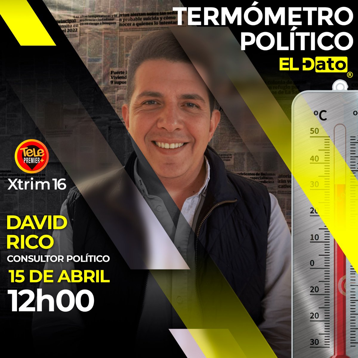 #TermómetroPolítico 🌡 Hoy tendremos a David Rico, Activista Político. <a href="/DavidRicoC/">David Rico</a>

A las 12H00 por la señal de 👉 <a href="/ElDatoEcua/">El Dato Ec</a> - <a href="/telepremier/">Tele Premier Plus 🇪🇨</a> - Xtrim Canal 16.

#ElDato #politica #democracia #juicio #AsambleaNacional #Ecuador