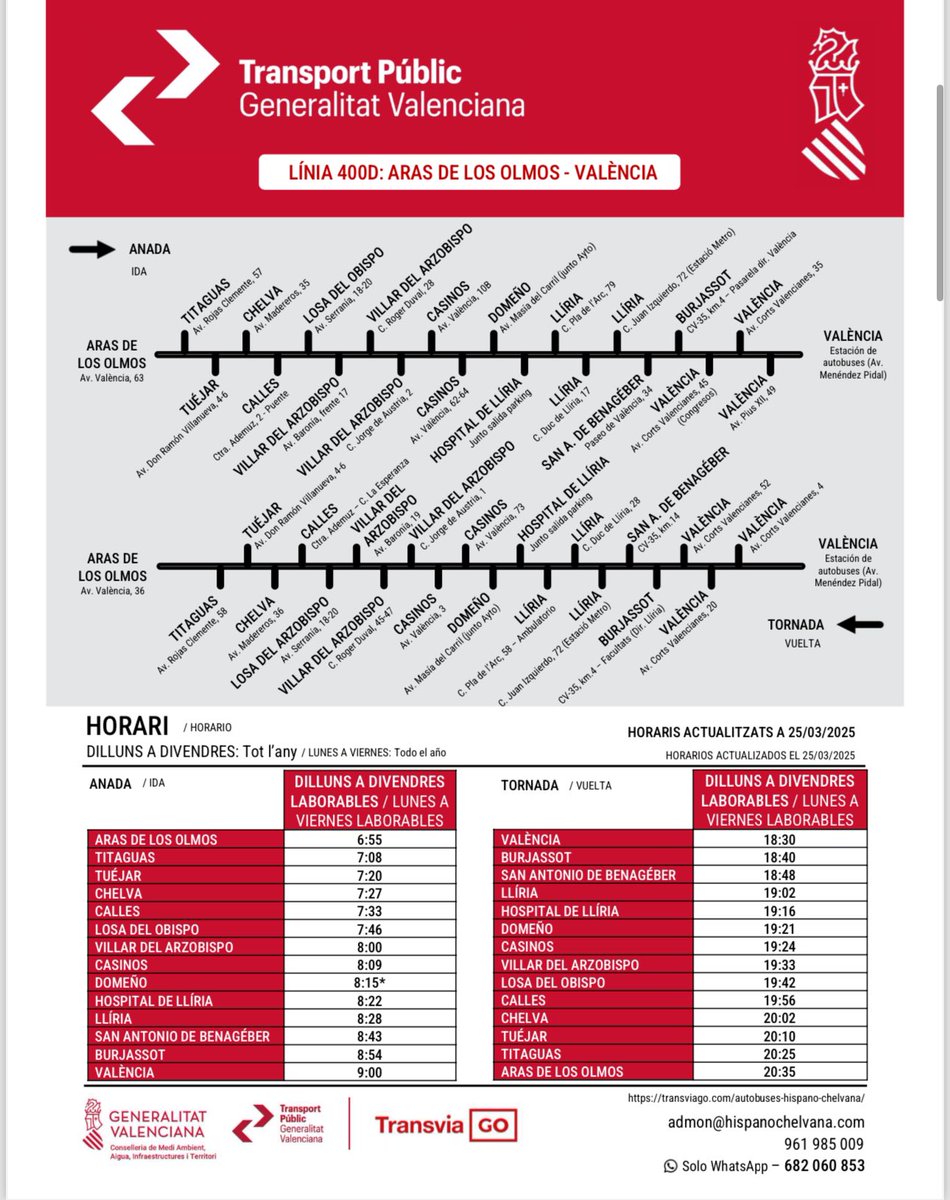 🚍 LÍNEA 400A
📍 ADEMÚZ ↔️VALÈNCIA

🚍 LÍNEA 400B
📍VILLAR DEL ARZOBISPO↔️VALÈNCIA

🚍LÍNEA 400C
📍TUEJAR↔️VALÈNCIA

🚍LÍNEA 400D
📍ARAS DE LOS OLMOS↔️VALÈNCIA

⬇️⬇️⬇️⬇️