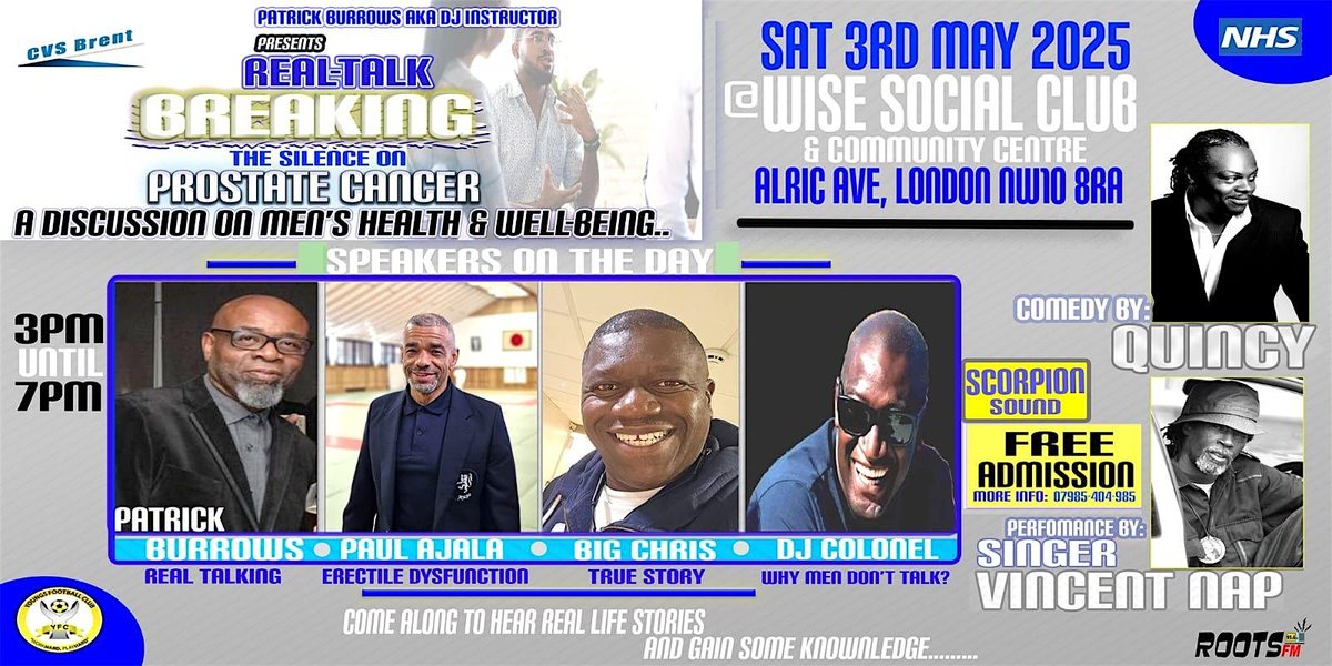 🎉 Brent Health Roadshow: Prostate Cancer Awareness 🎉

Get ready to break the silence and ignite conversations about prostate cancer!

3 May @ 3:00 pm - 7:00 pm, WISE, Alric Avenue London NW10 8RA 

cvsbrent.org.uk/events/brent-h…