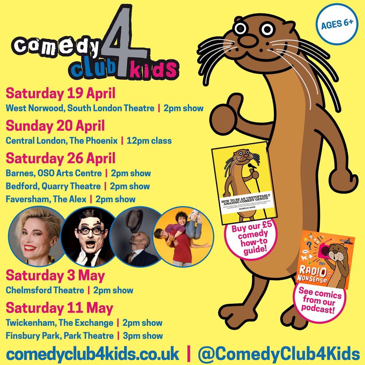 Comedy Club 4 Kids (@comedyclub4kids) on Twitter photo Fancy a giggle? Join us for gig excellence at:
🎙️West Norwood <a href="/SLTheatre/">South London Theatre</a> on Sat 19th April
🎤Barnes <a href="/OSOArtsCentre/">OSO Arts Centre</a>, Bedford <a href="/quarryatstlukes/">The Quarry Theatre</a>
and Faversham <a href="/alex_centre/">The Alex</a> on Sat 26th April
🎙️<a href="/ChelmsTheatre/">Chelmsford Theatre</a> on Sat 3rd May
🎤 <a href="/ExchangeTwick/">Exchange Twickenham</a> and N. London <a href="/ParkTheatre/">Park Theatre</a> on Sun 11th May Fancy a giggle? Join us for gig excellence at:
🎙️West Norwood <a href="/SLTheatre/">South London Theatre</a> on Sat 19th April
🎤Barnes <a href="/OSOArtsCentre/">OSO Arts Centre</a>, Bedford <a href="/quarryatstlukes/">The Quarry Theatre</a>
and Faversham <a href="/alex_centre/">The Alex</a> on Sat 26th April
🎙️<a href="/ChelmsTheatre/">Chelmsford Theatre</a> on Sat 3rd May
🎤 <a href="/ExchangeTwick/">Exchange Twickenham</a> and N. London <a href="/ParkTheatre/">Park Theatre</a> on Sun 11th May