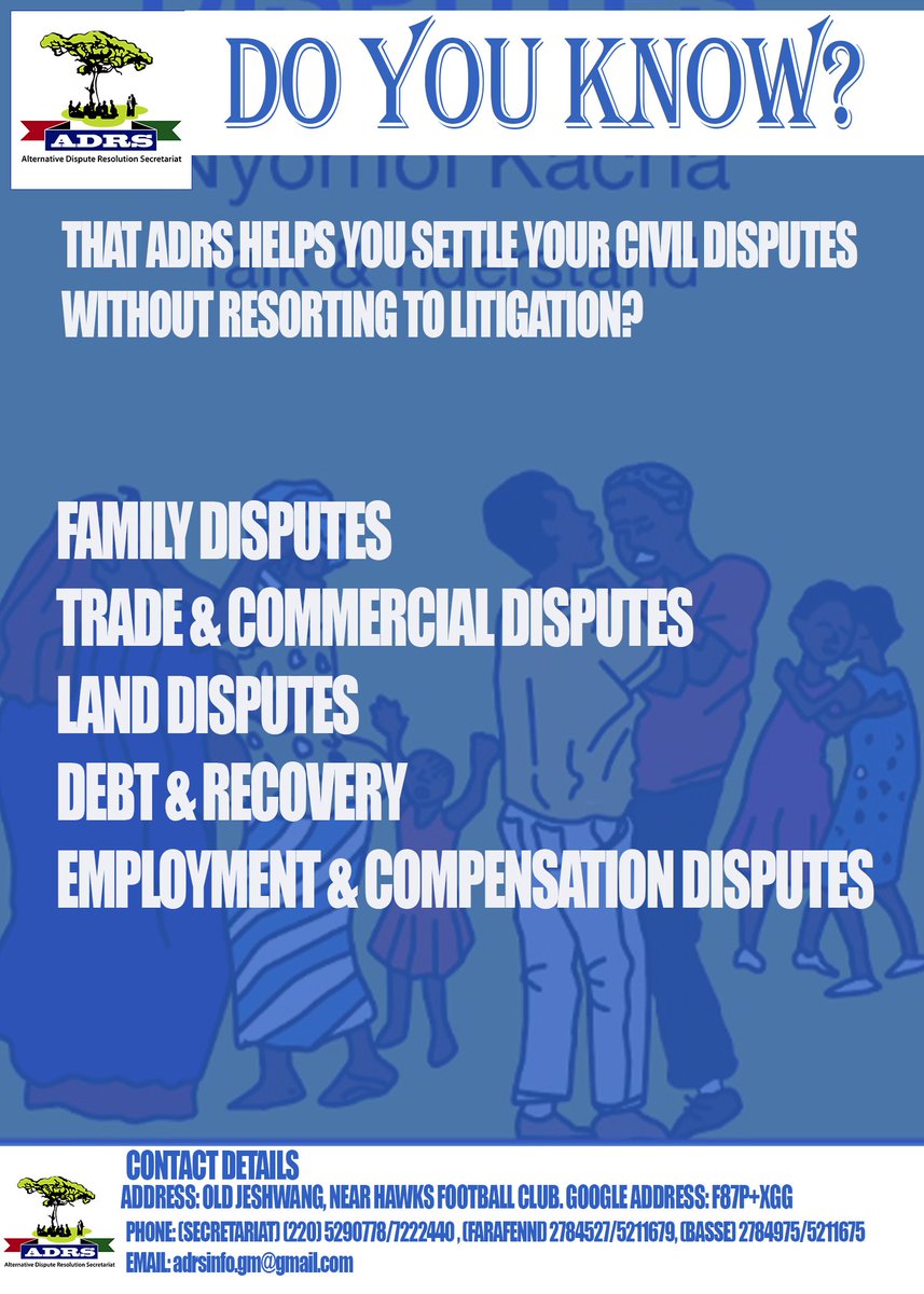 Gambia_ADRS's tweet photo. ADRS, We Mediate ✅️
Helping you access justice!

Did you know that at ADRS, we can help you settle your civil disputes and access justice?

Get in touch with us on the contact details provided.

 #adrs #mediation #negotiation #conciliation #Arbitration #adrstuesday https://t.co/dv9hdFI2HH
