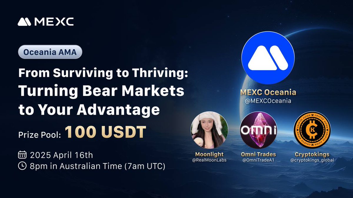 🚀You are invited to join AMA with us! 
Topic: Short-Term Strategies to Earn Fast in Bear Market
📍Join at: x.com/i/spaces/1vOxw…
🔥Speakers: <a href="/MEXCOceania/">MEXC Oceania</a>, <a href="/RealMoonLabs/">HODL Labs</a> <a href="/OmniTradeA1/">Omni Trading</a> and cryptokings_global(Instagram)
🎁100 USDT Prize : forms.gle/T48g1P3T9rPtoc…
🎁60 USDT Rewards: