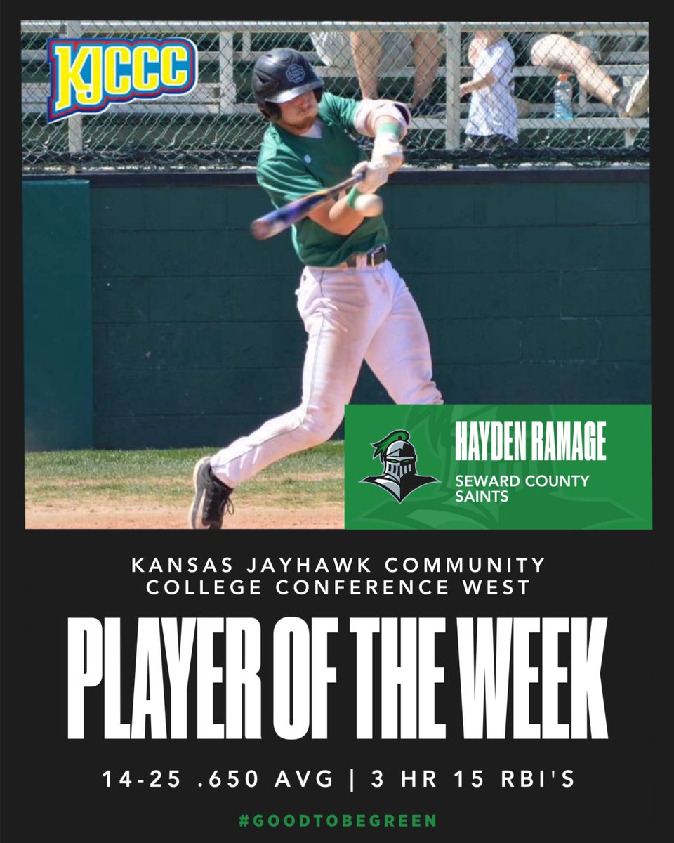 Congratulations to Hayden Ramage as his stellar batting performance vs. Colby earns him KJCCC West Player of the Week Honors! #GoodToBeGreen