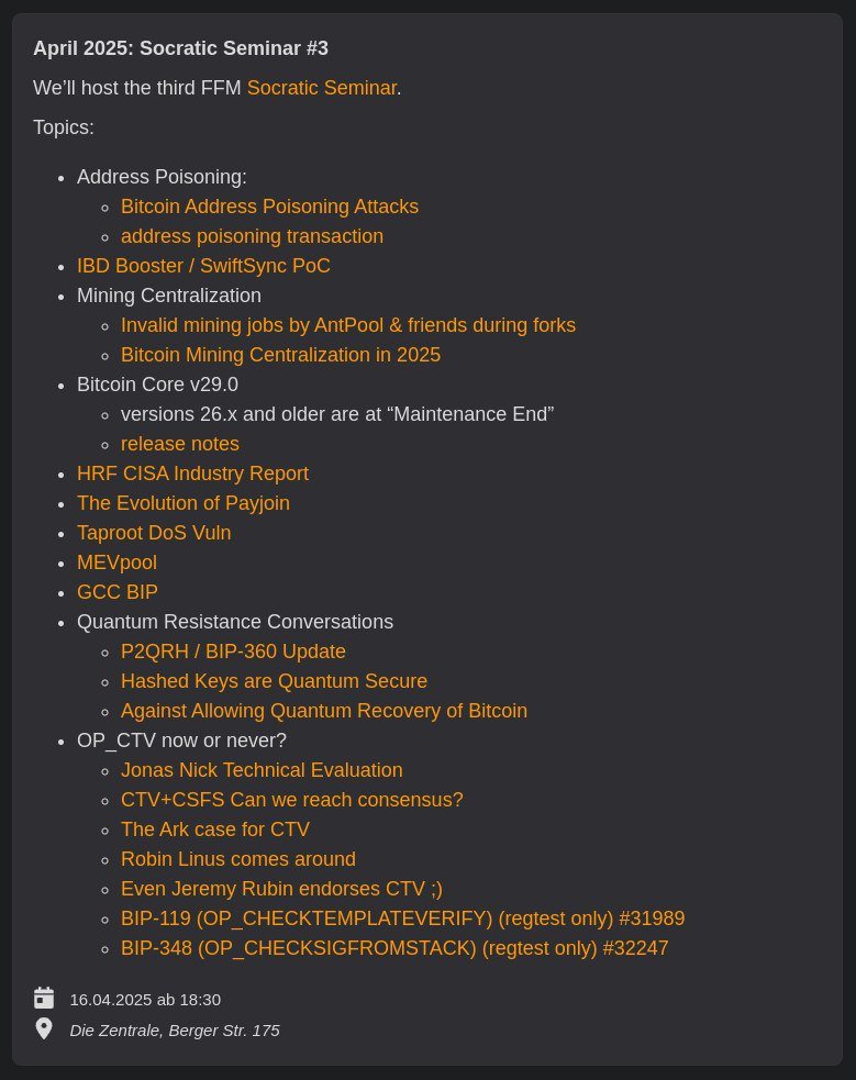 Topics for tomorrow's BitDevs FFM #03 
btcffm.org