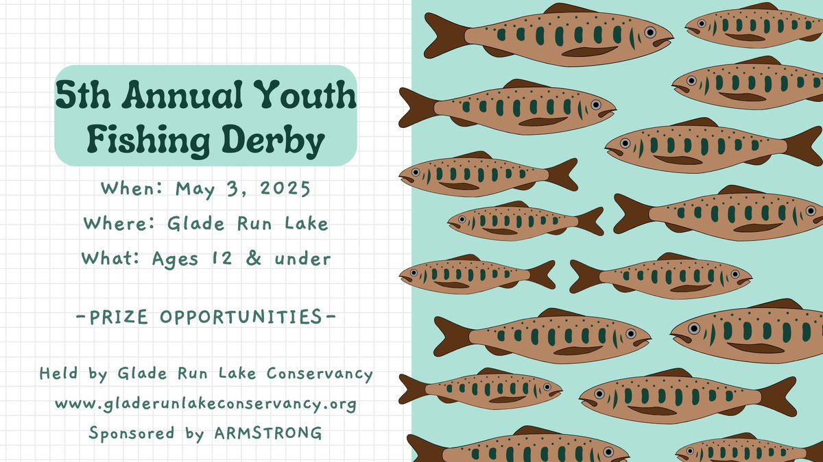 Mark your calendars and spread the word!

Join us next month for the Glade Run Lake Conservancy's 5th Annual Youth Fishing Derby! 🎣 
📅 Saturday, May 3, 2025
🕖 7am-7pm 
📍 Glade Run Lake
🎟️ Download the FishDonkey App to Register | Open to all kids 12 &amp; under