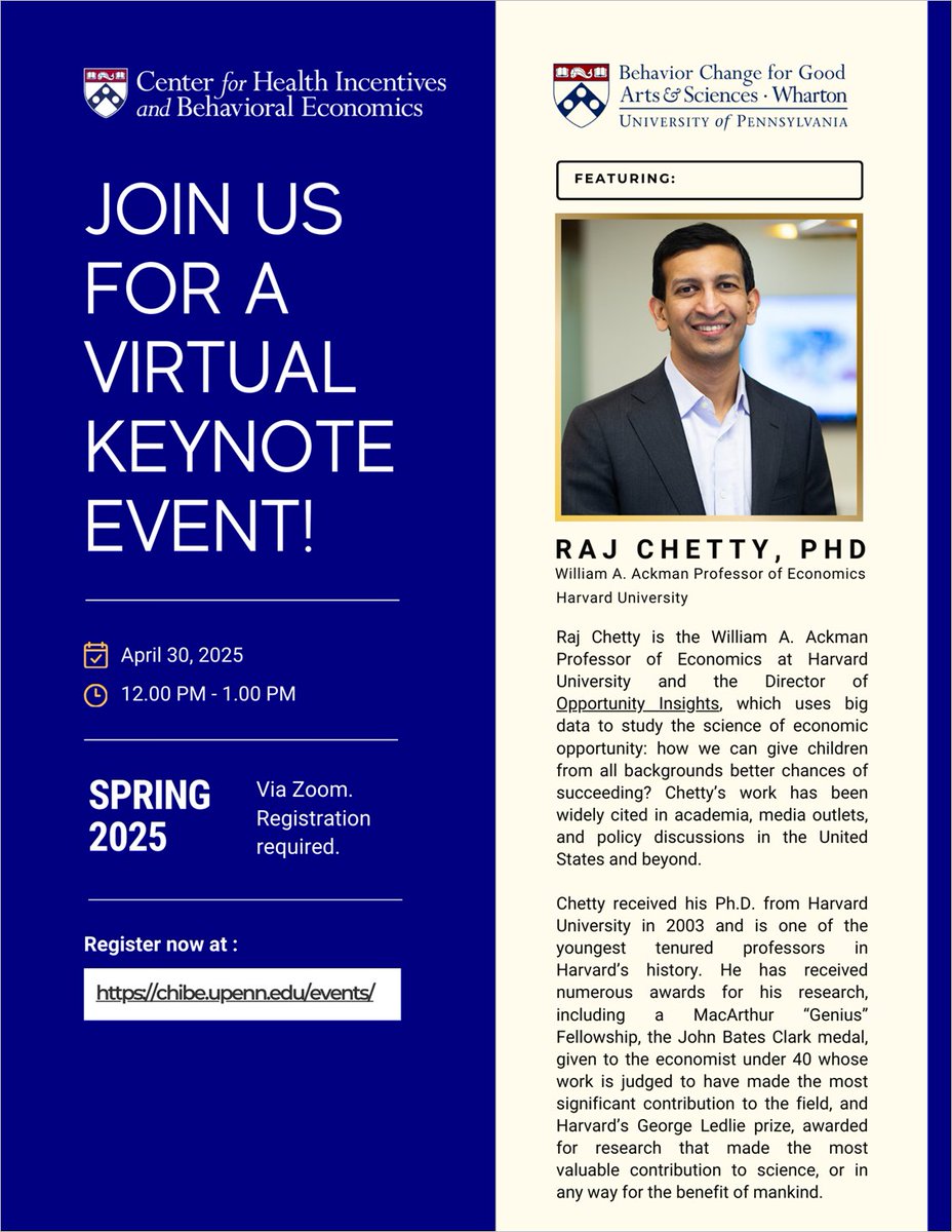 Behavior Change for Good Initiative (@behaviorchange) on Twitter photo We hope you can join us & <a href="/PennCHIBE/">Penn Center for Health Incentives+Behavioral Econ</a> for a virtual keynote presentation from Harvard Professor Raj Chetty about behavioral science & health. Our Co-Director @Katy_Milkman will co-host with @Kevin_Volpp on 4/30 at 12 PM ET. Register here: bit.ly/4jKABH5 We hope you can join us & <a href="/PennCHIBE/">Penn Center for Health Incentives+Behavioral Econ</a> for a virtual keynote presentation from Harvard Professor Raj Chetty about behavioral science & health. Our Co-Director @Katy_Milkman will co-host with @Kevin_Volpp on 4/30 at 12 PM ET. Register here: bit.ly/4jKABH5