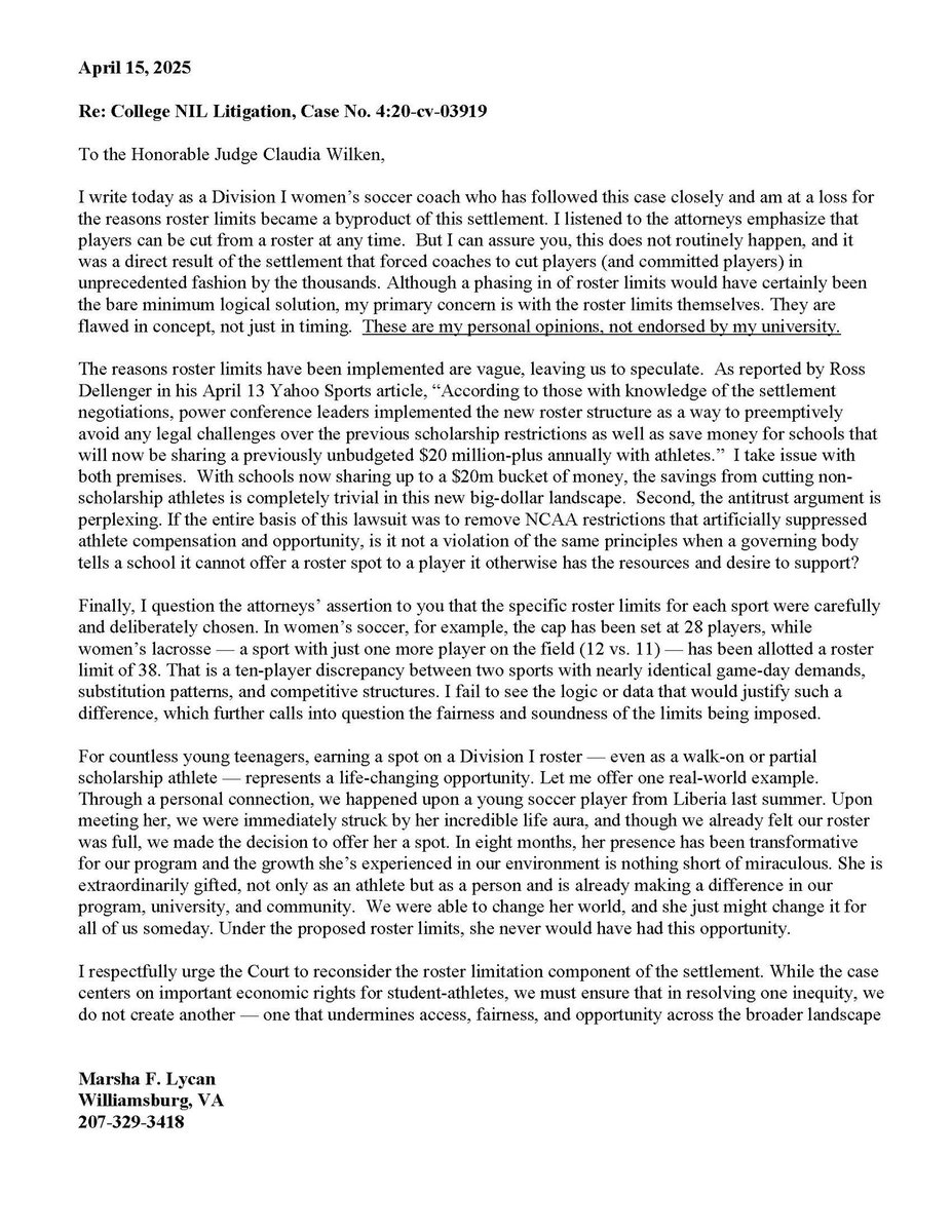 College sports is now a business and forever changed. I’m ok with NIL but for my peace of mind, I had to speak out about the roster limits and you can too. Judge Wilken is accepting 1-page “comment to the parties” up to midnight tonight. Anyone so inclined can provide their